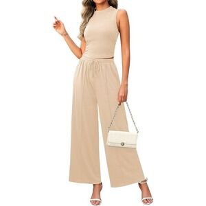2 Piece Outfit Beige  Knit Ribbed Lounge Set Wide Leg Size XL‎ (5000)
